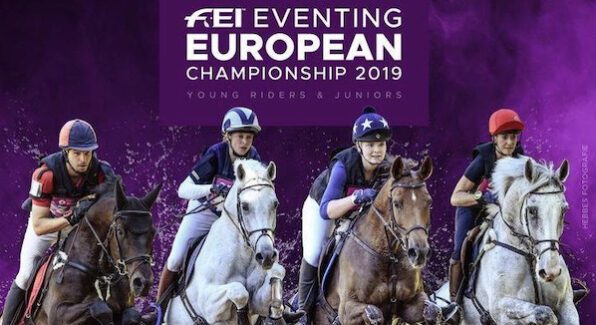 Poster met afbeelding van 4 eventingruiters met hun paard als aankondiging van het EK eventing