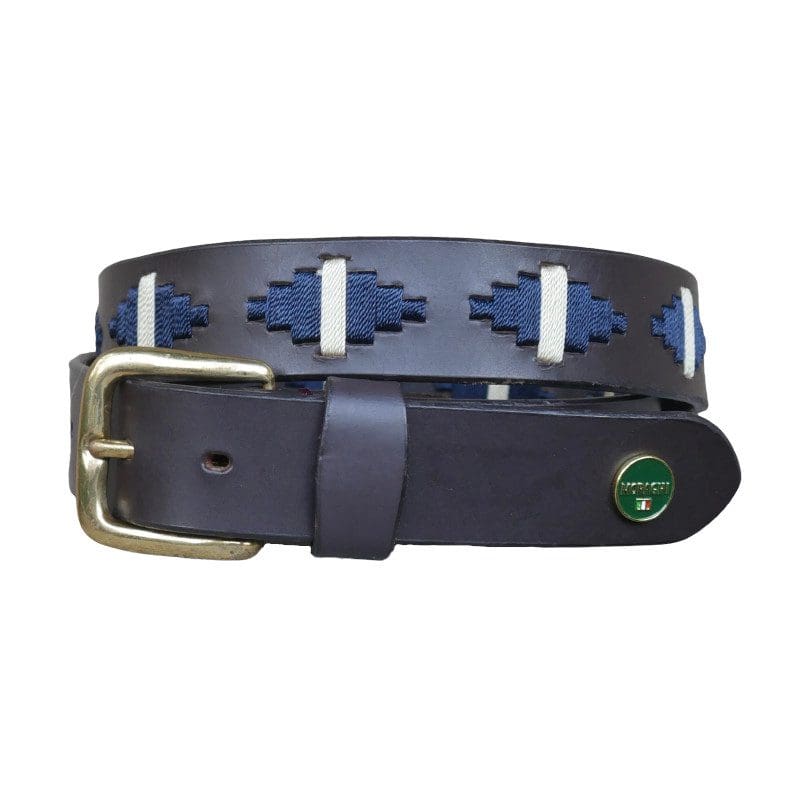 Bruine poloriem met koperen gesp en navy met creme waxkoord