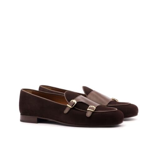 monk slipper in donkerbruin suede gecombineerd meet bruin leer