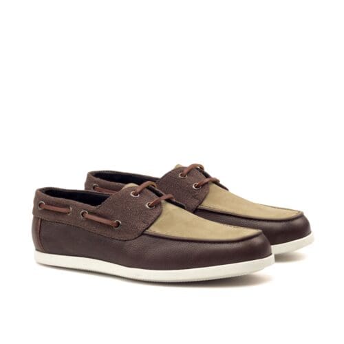 Bootschoen in camel suede, bruin leer en bruin linnen