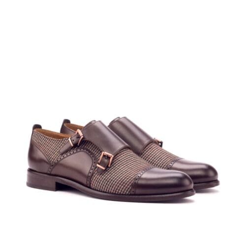 Donkerbruin kalfsleer met tartan double monk damesschoenen