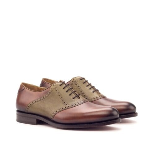 oxford saddle in medium bruin en olijfgroen leer