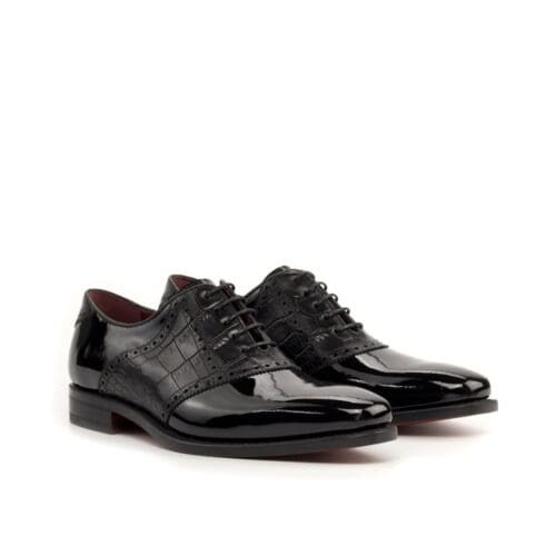 odford saddle in zwart patent leer gecombineerd met zwart croco print