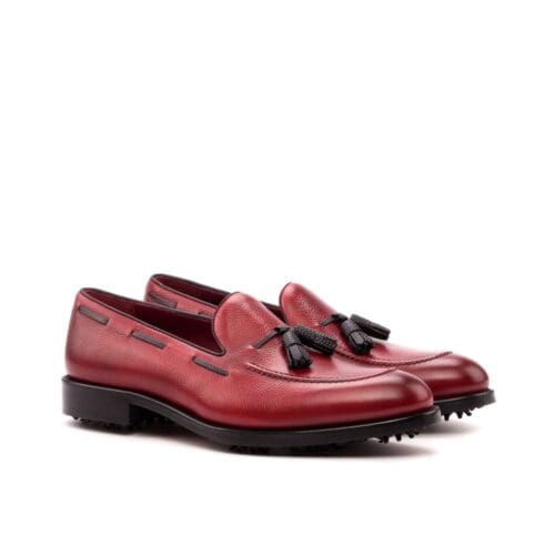 Rood pebble kalfsleren golfschoenen met zwarte kwastjes