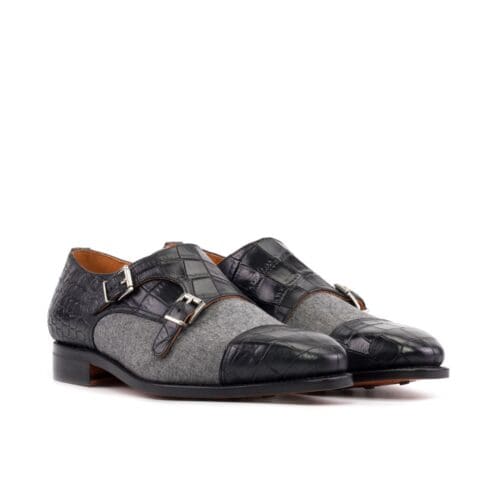 double monk in zwart crocoprint leer en grijs flanel