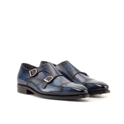 Kalfslederen double monk herenschoenen in hand geverfd denim patina