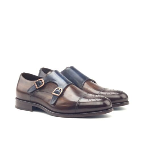 Kalfsleren double monk herenschoen in hand geverfd patina in bruin en blauw