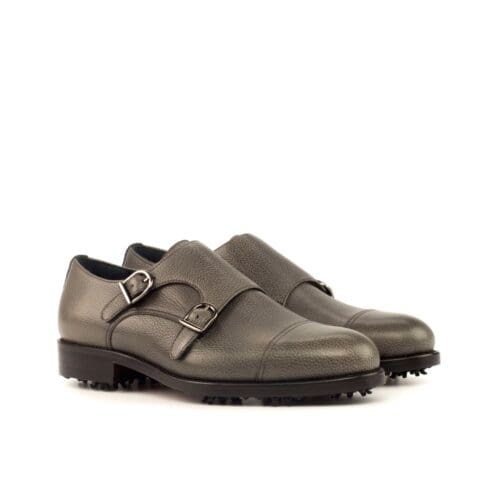Grijs pebble kalfsleren golf schoenen met dubbele gesp