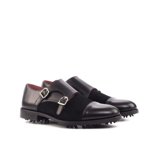 Zwart leer met suede golfschoenen double monk met twee gespen