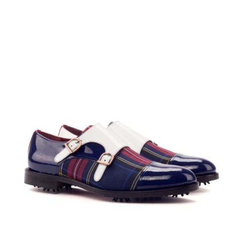 Double monk in lakleer, met een tartan golfschoenen