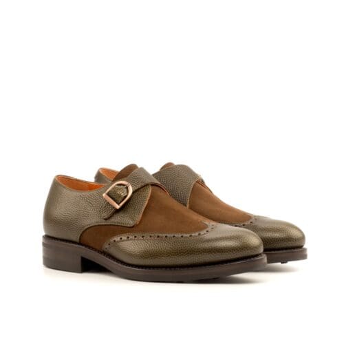 singel monk in olijf groen pebble leer en bruin suede