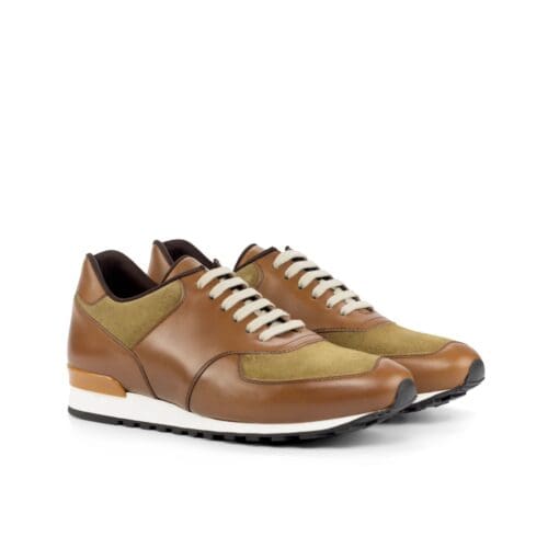 sneaker jogger in medium bruin leer en beige suede