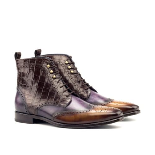 Croco kalfsleer met paars en cognac patina veterlaarzen
