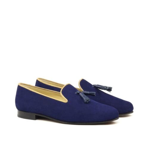 Slipper in navy flanel met kwastjes