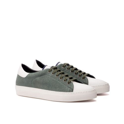 sneaker laag in wit leer en kaki linnen