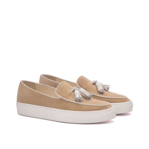 Belgian sneaker in camel en wit suede