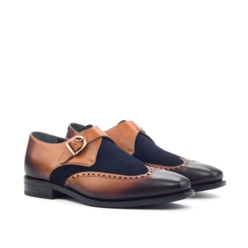 Cognac kalfsleer met donkerblauw suede single monk schoenen