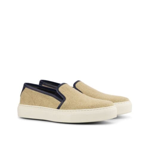 Dames instapper in beige linnen met blauw kalfsleren bies