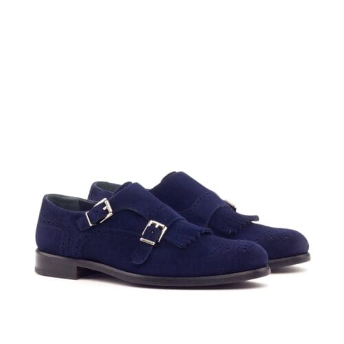 Prestonfield. Donkerblauw suède damesschoenen, double monk kiltie