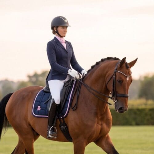 Amazone op paard met rose plastron