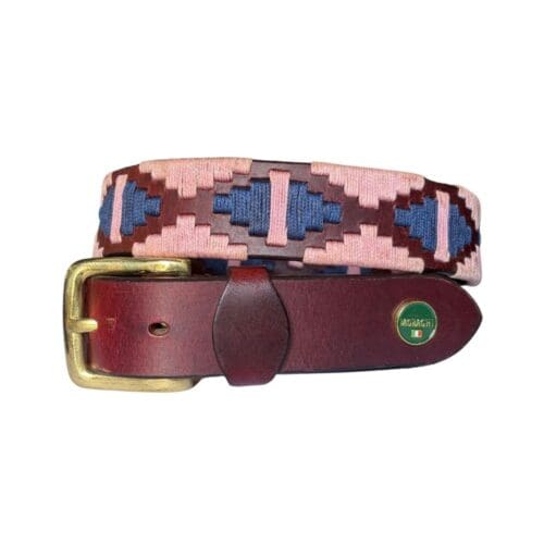 Roodbruin leren poloriem met rose en donkerblauw wasgaren