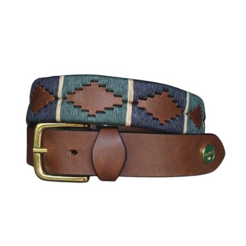 Bruin leren poloriem met wasgaren in hunter green, navy en beige