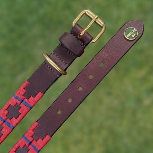 Detail van polo halsband Posadas met rood wjaxgaren